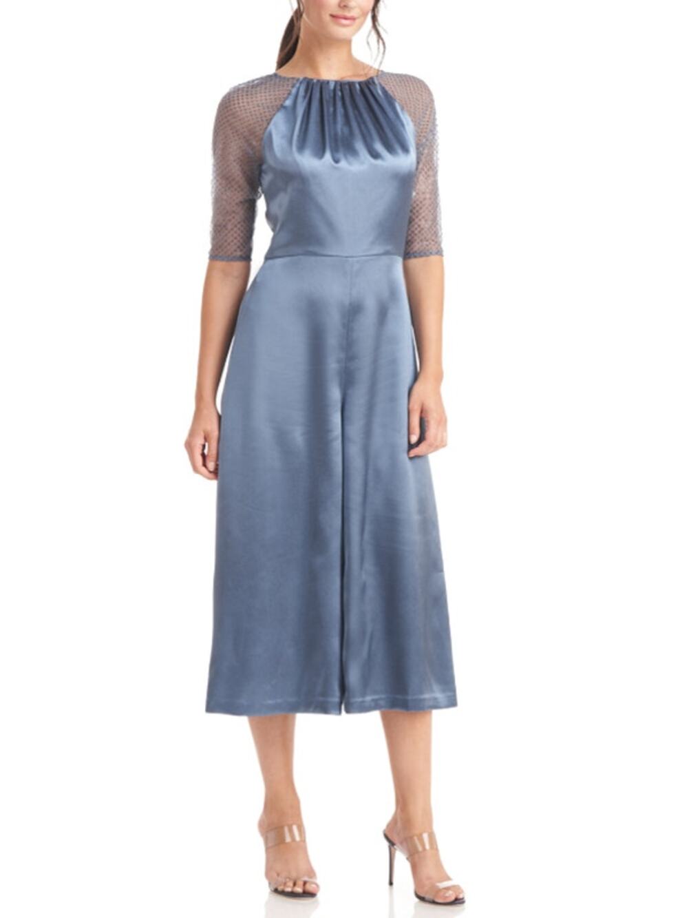 JS Collections Leila Raglan Sleeve Jumpsuit Sequins Blue Satin Womens Size 10